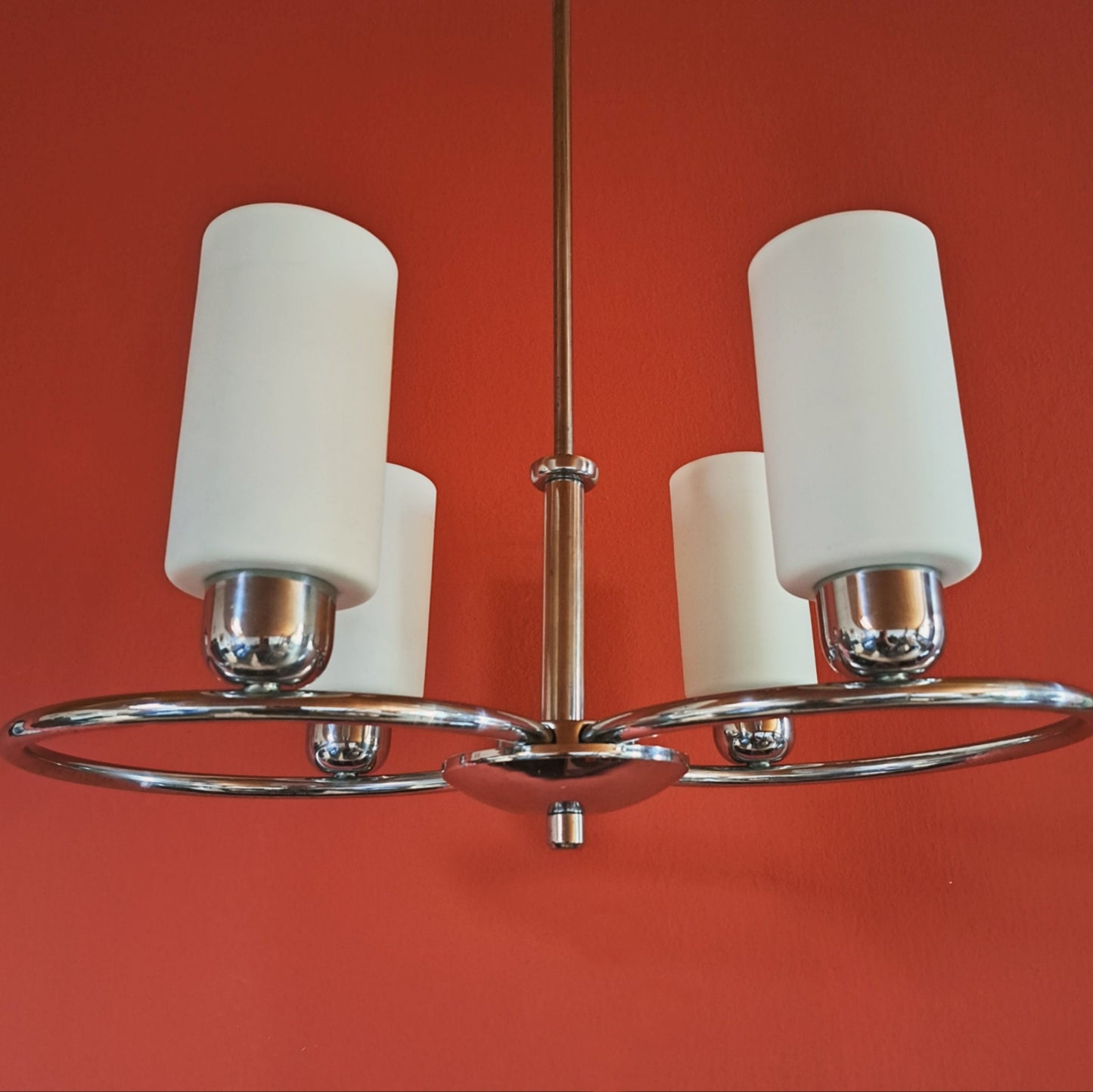Large 1940s Art Deco Chrome Chandelier w/ Opaline Glass Shades