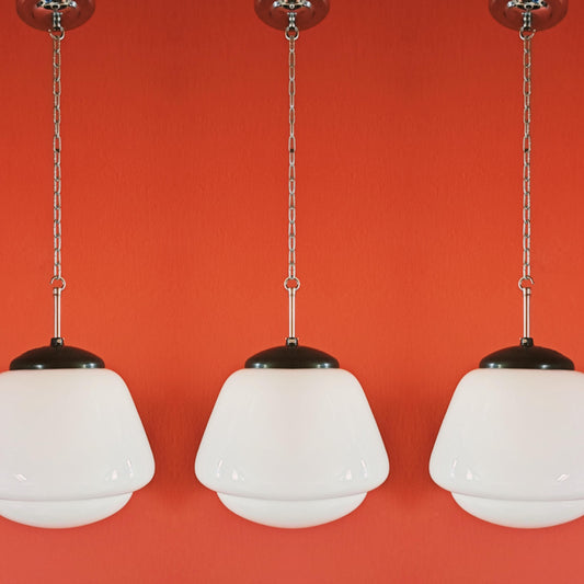Mid Century Opaline Glass Schoolhouse Pendant Lights MULTIPLES AVAILABLE