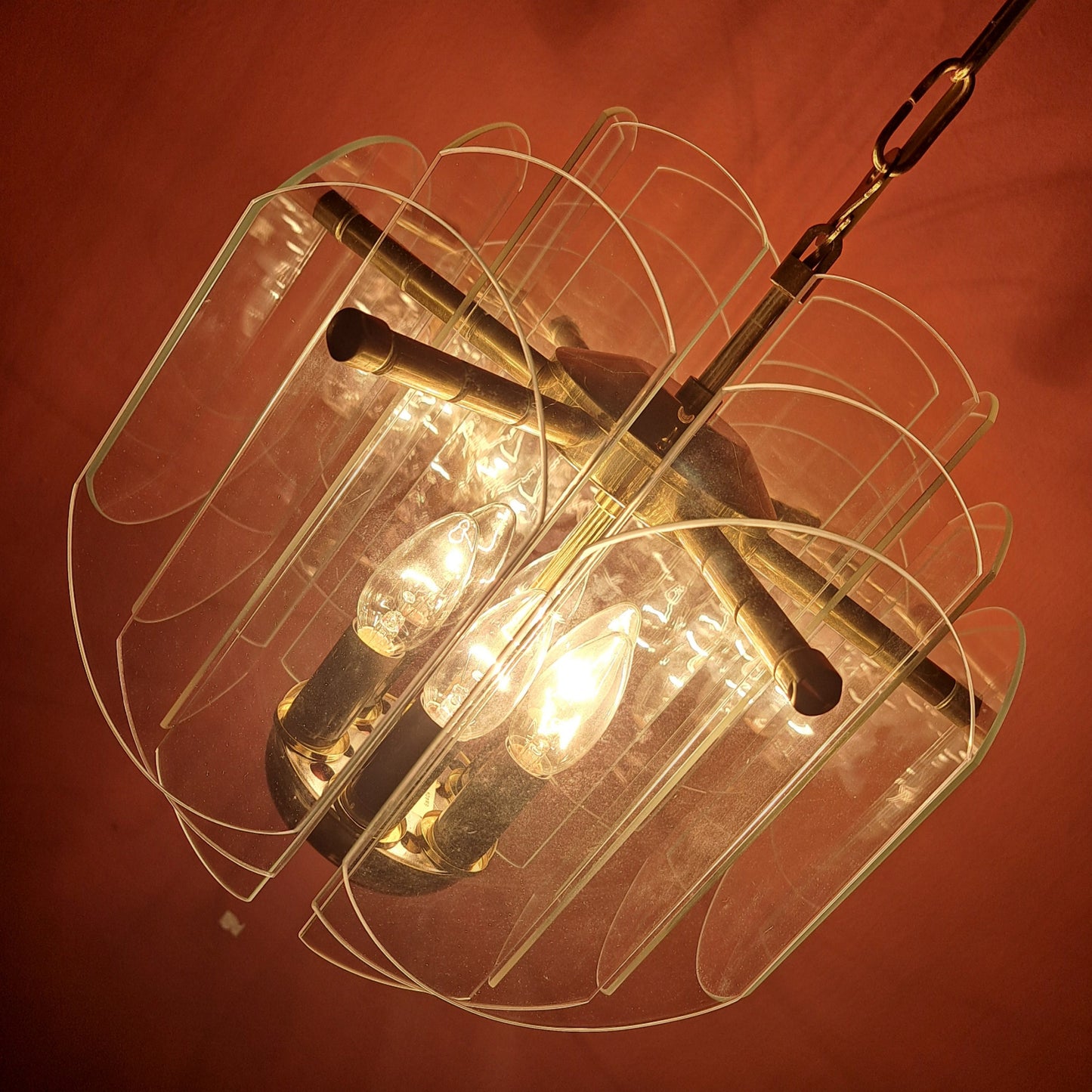 Mid Century Brass & Glass Panel Chandeliers MULTIPLES AVAILABLE