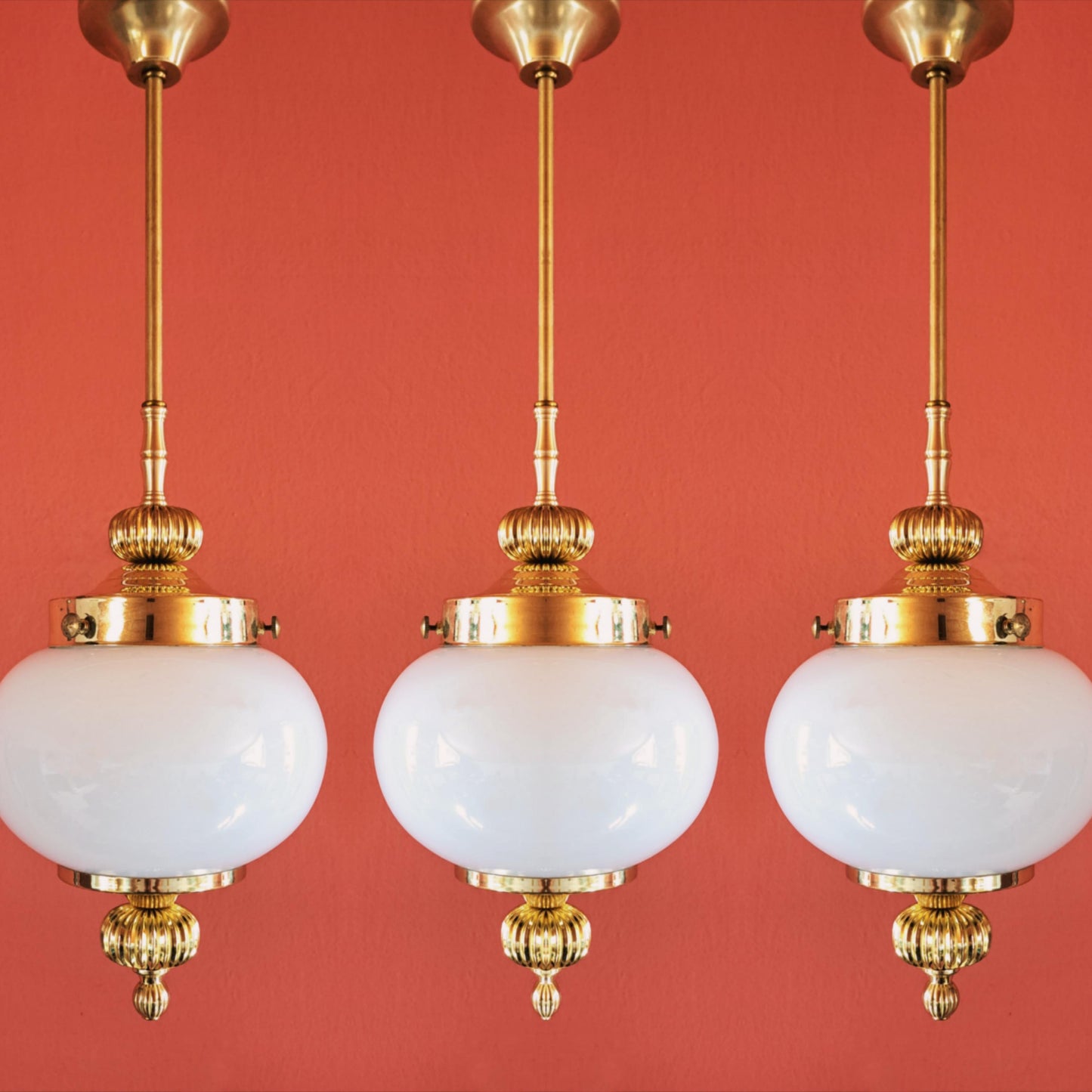 Mid Century Opaline Glass Viennese Brass Pendant Lights MULTIPLES AVAILABLE