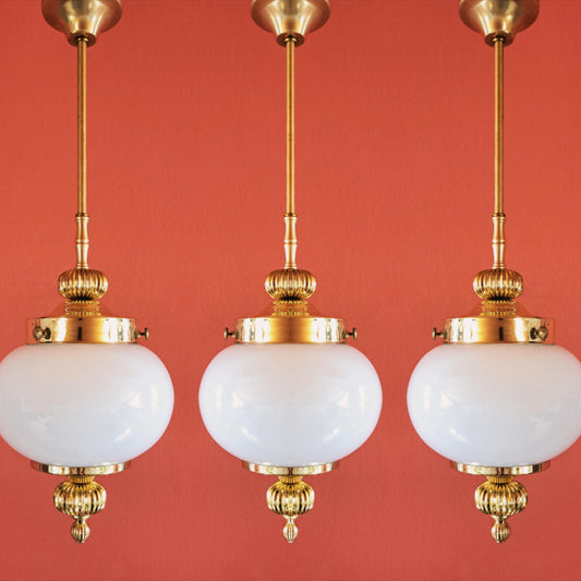 Mid Century Opaline Glass Viennese Brass Pendant Lights MULTIPLES AVAILABLE