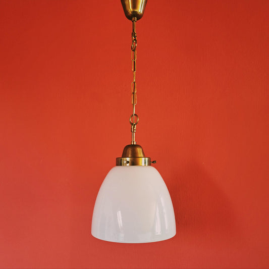 Vintage Milk Glass Pendant Light: Brass & Opaline, Mid-Century Modern