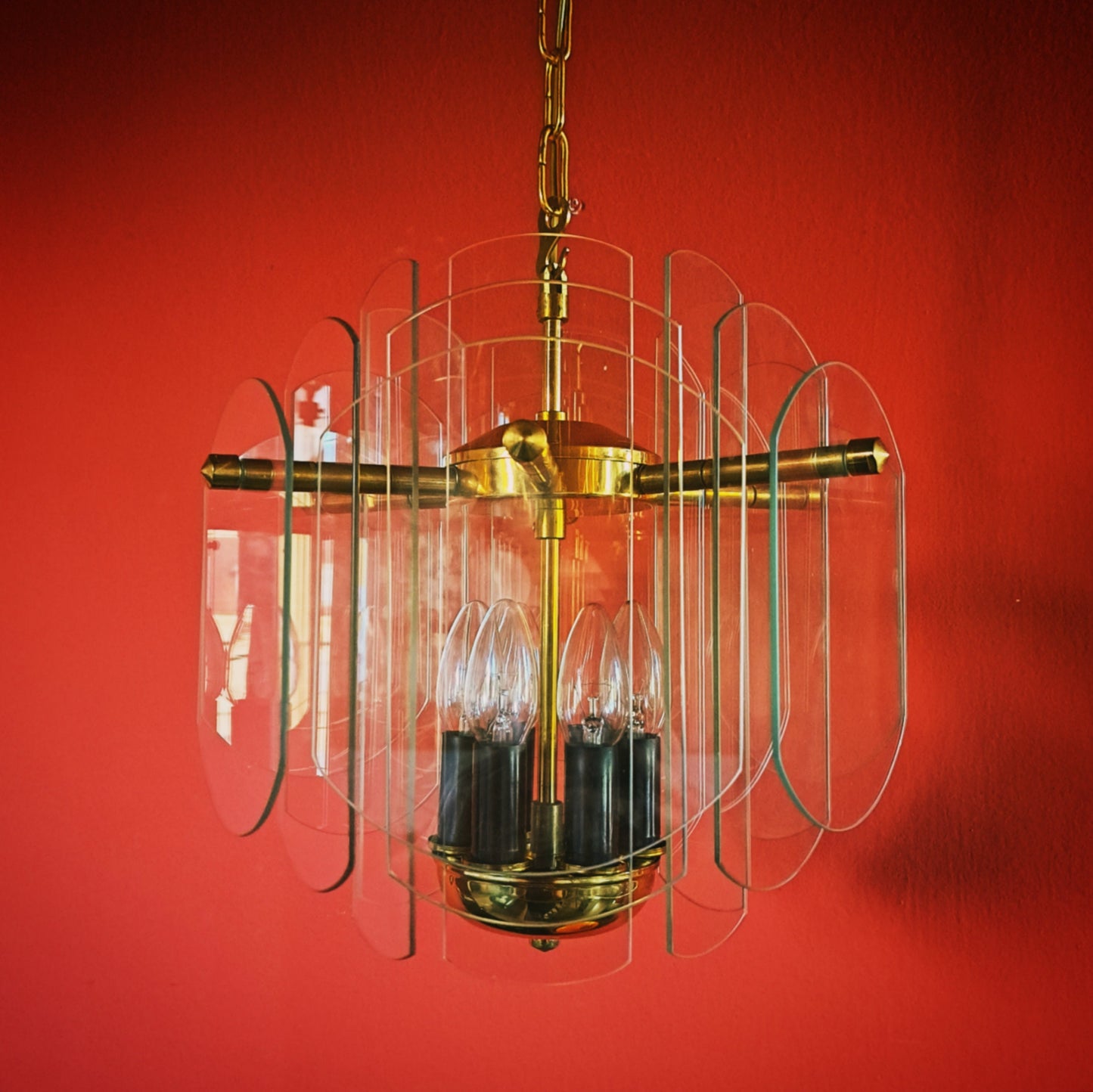 Mid Century Brass & Glass Panel Chandeliers MULTIPLES AVAILABLE