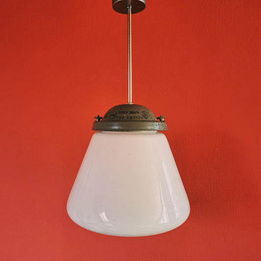 Vintage Industrial Opaline Glass Pendant Light - Czechoslovakia 1970s