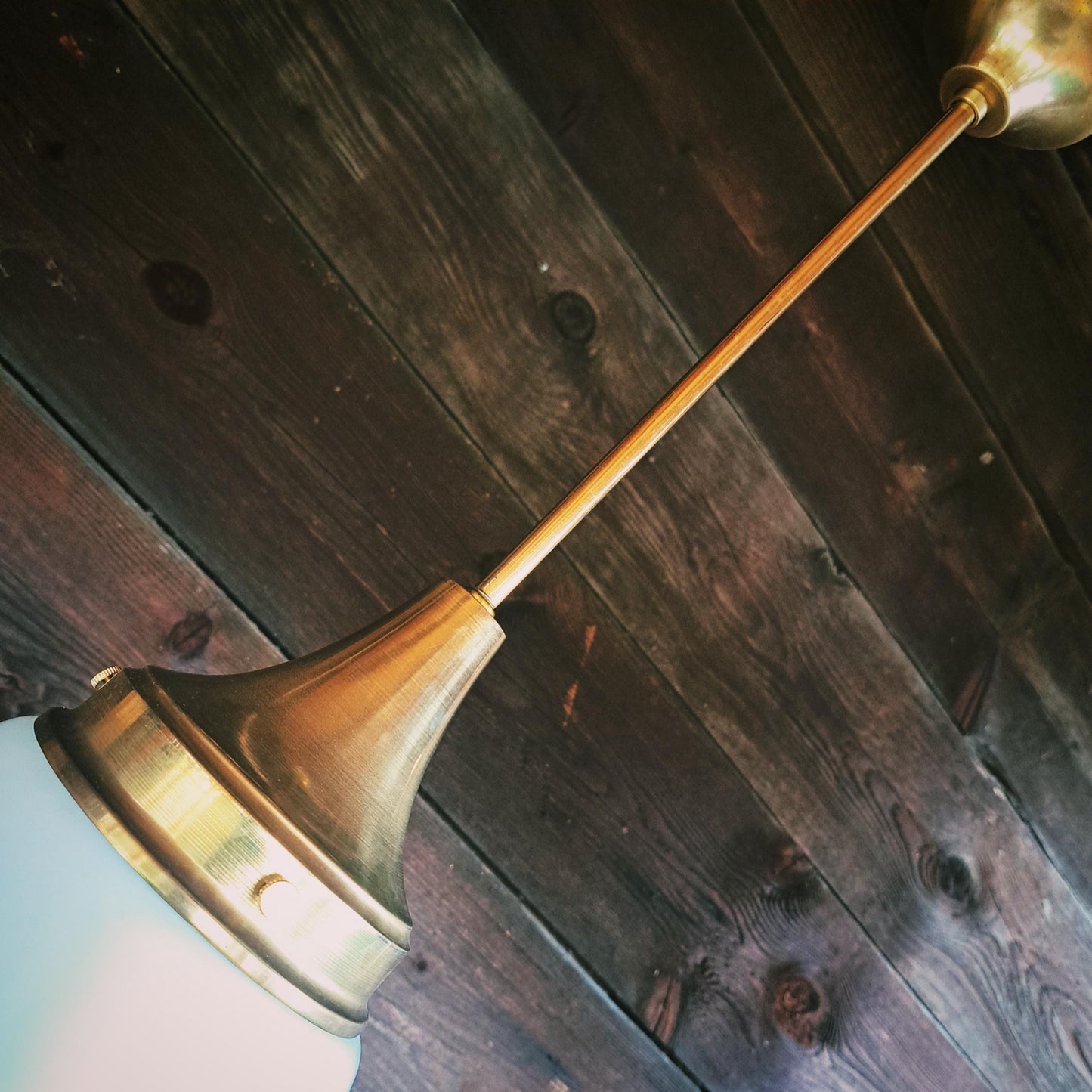 Mid Century Brass Opaline Glass Pendant Light