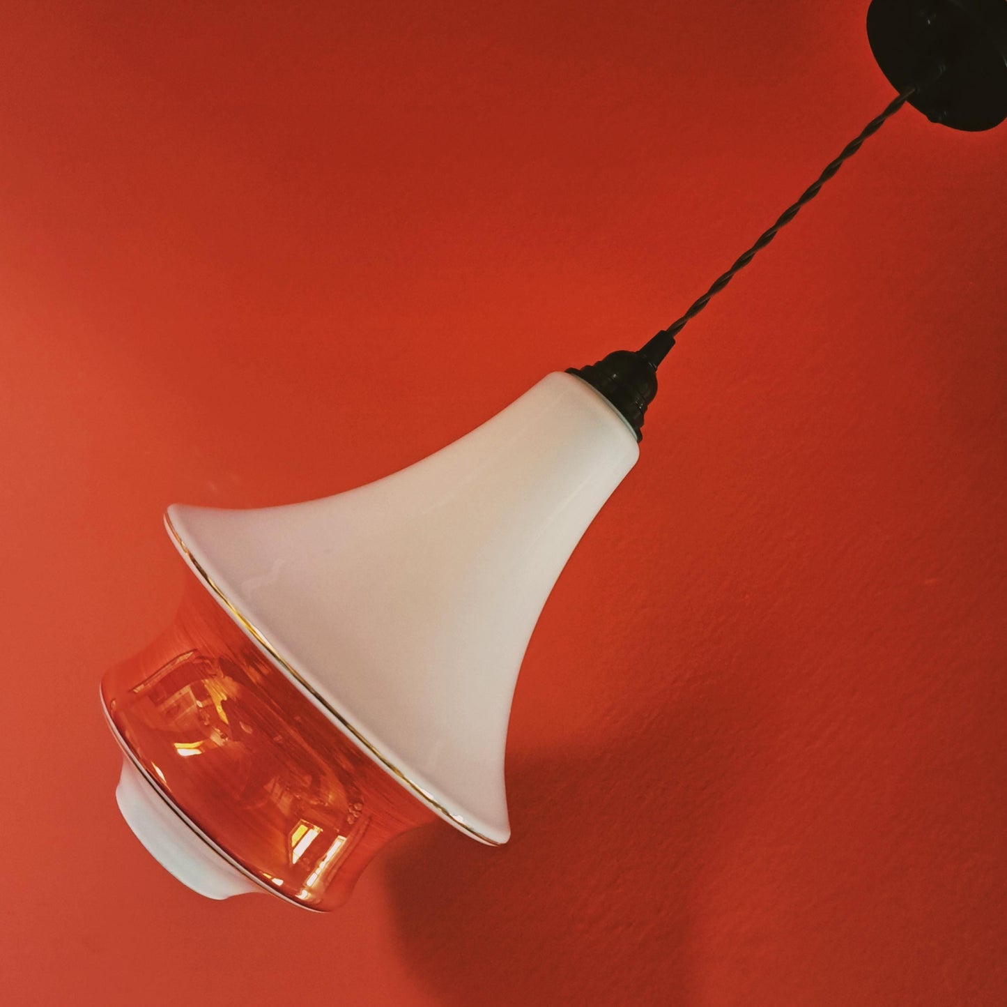 Vintage Pagoda Red & White Opaline Glass Pendant Light