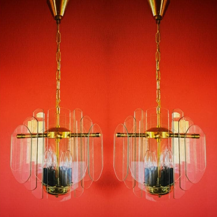 Mid Century Brass & Glass Panel Chandeliers MULTIPLES AVAILABLE