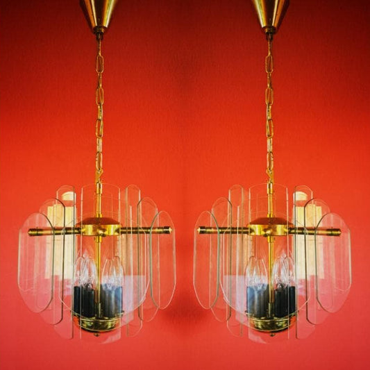 Mid Century Brass & Glass Panel Chandeliers MULTIPLES AVAILABLE