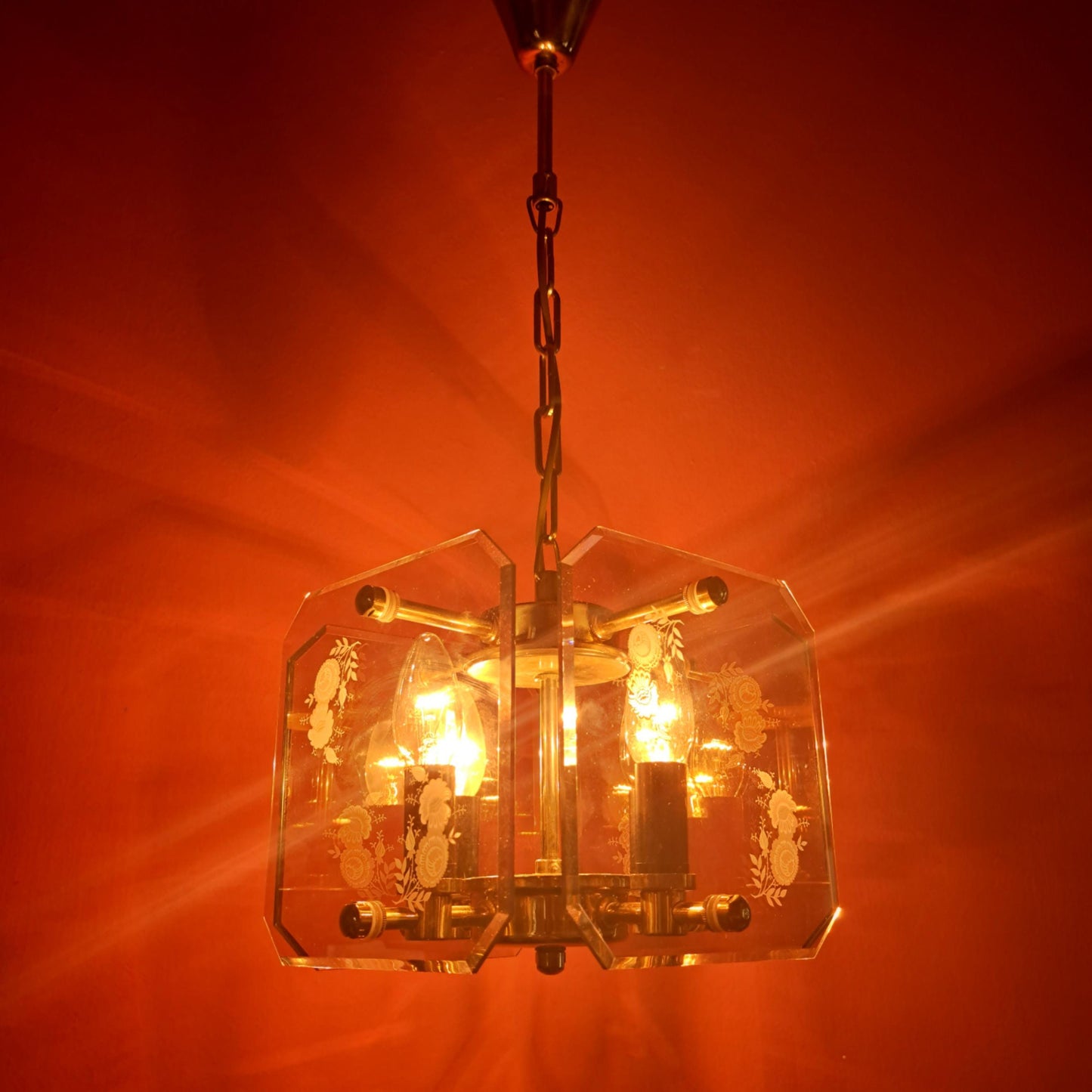 Mid Century Brass Bohemian Smoke Glass Panel Light